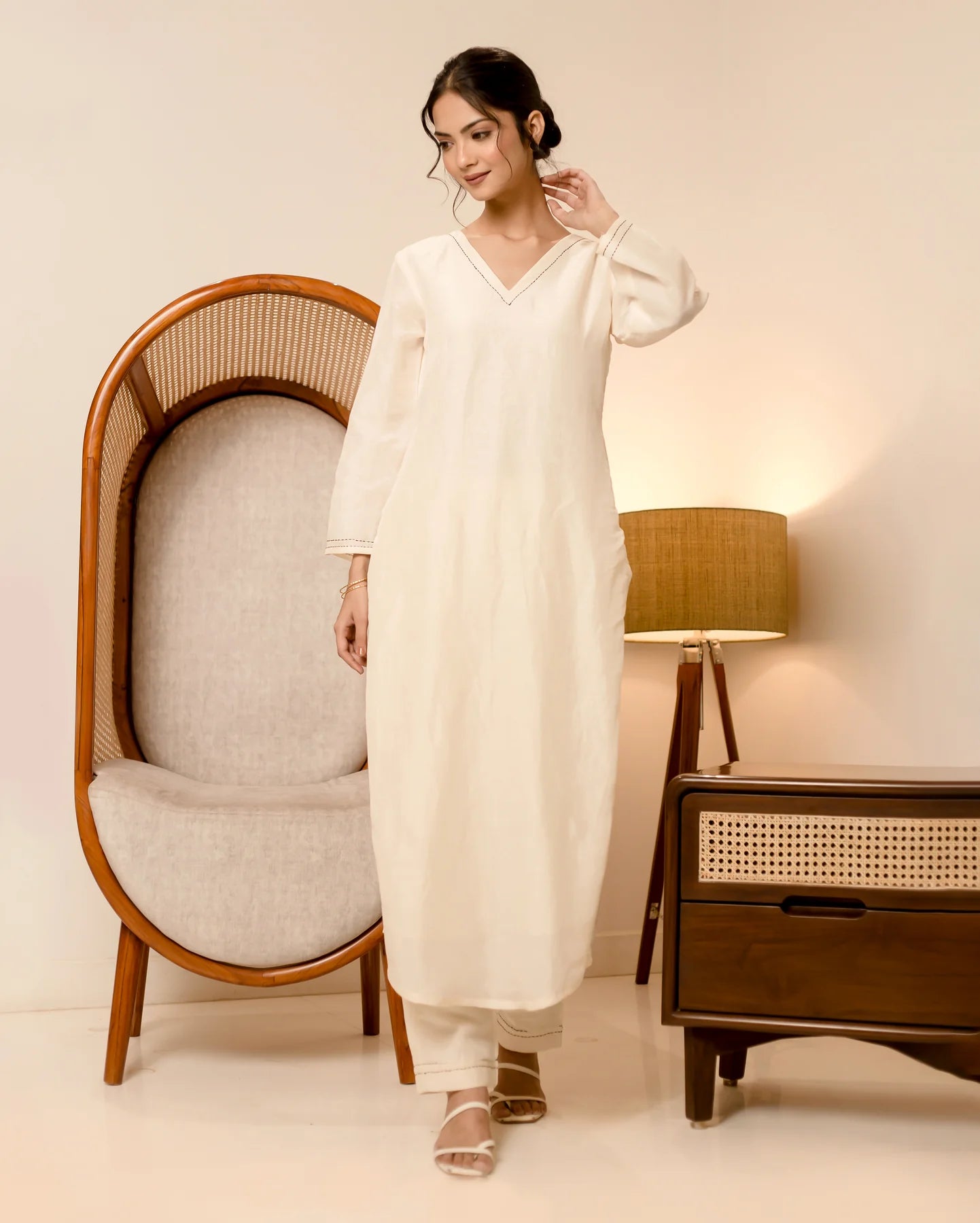 Elegant Cotton Flex Kurta Set with V-Neckline & Minimal Stitch Detailing