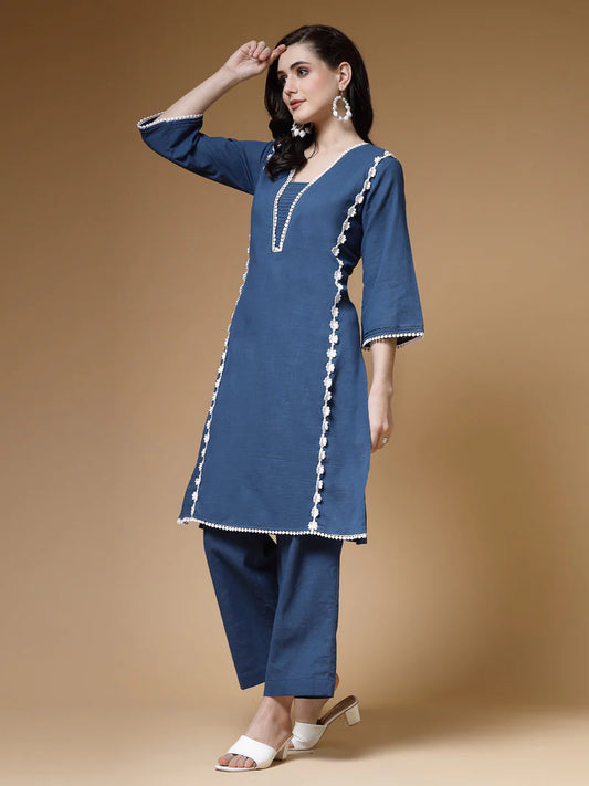 Lace-Trim Cotton Kurta Pant Set in Cotton Slub