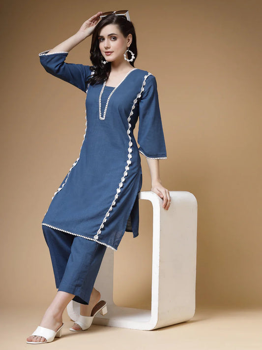 Lace-Trim Cotton Kurta Pant Set in Cotton Slub