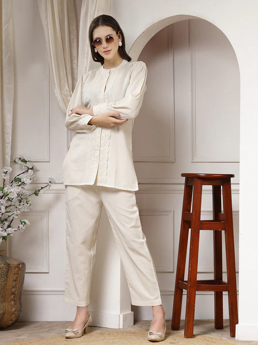 Natural Cotton Flex Co-ord Set with Lace Panel Detailing