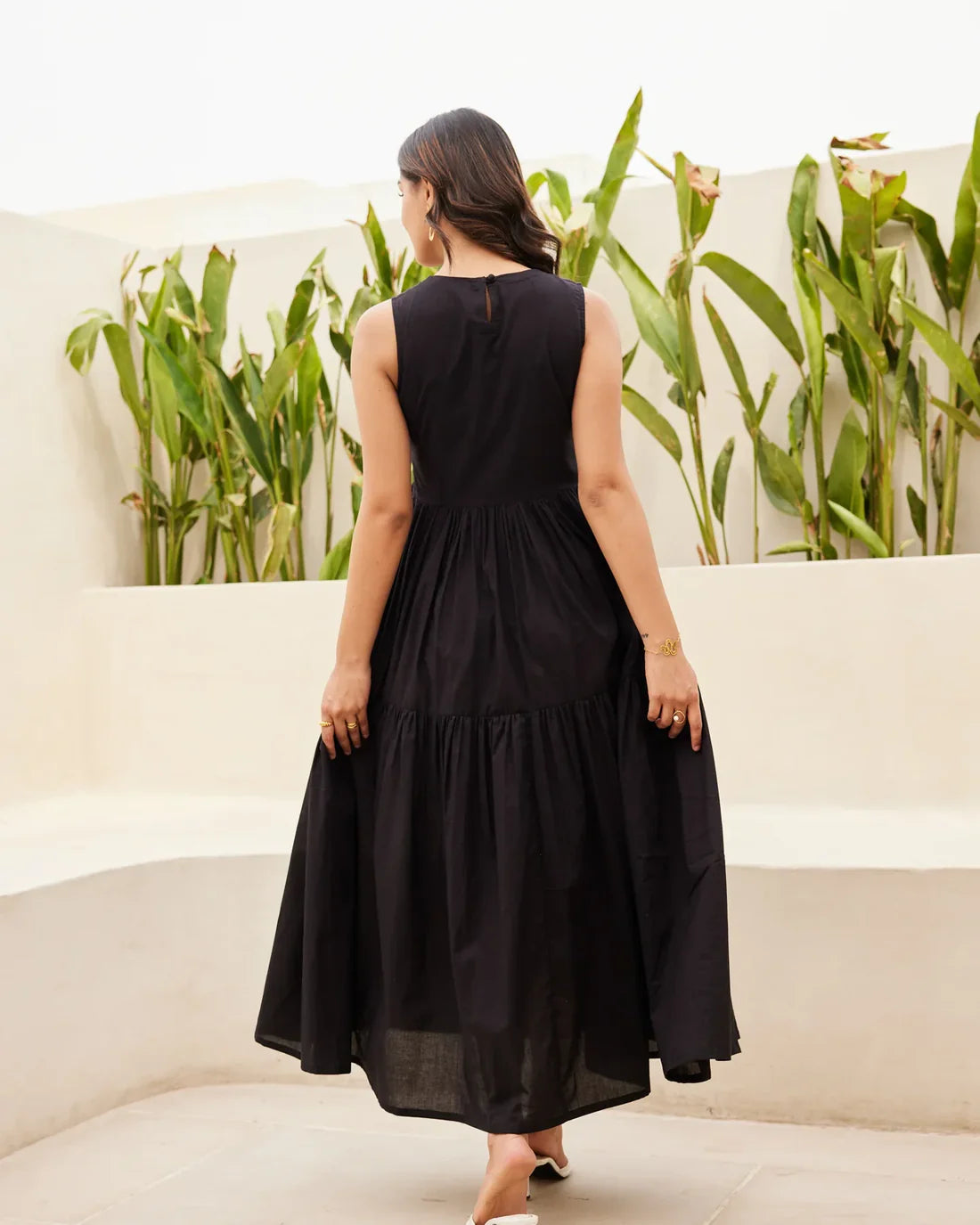 "Nila" - Black Cotton Sleeveless Tiered Maxi Dress