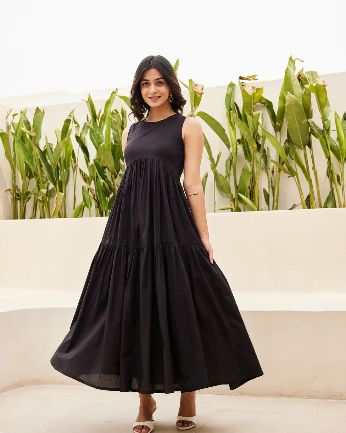 "Nila" - Black Cotton Sleeveless Tiered Maxi Dress