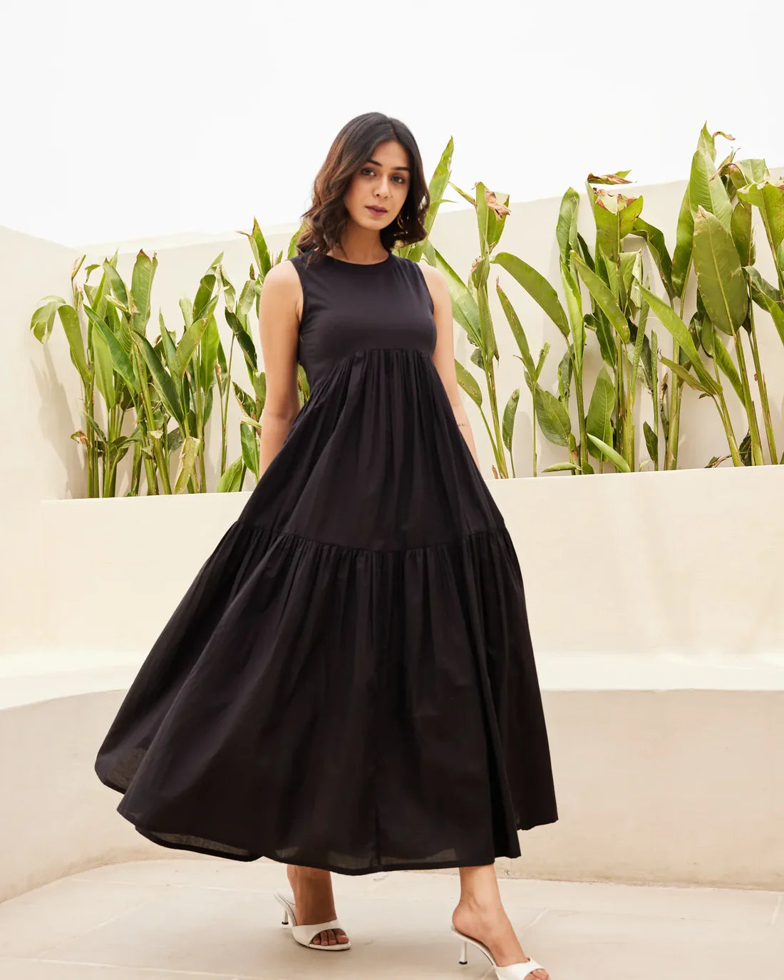 "Nila" - Black Cotton Sleeveless Tiered Maxi Dress