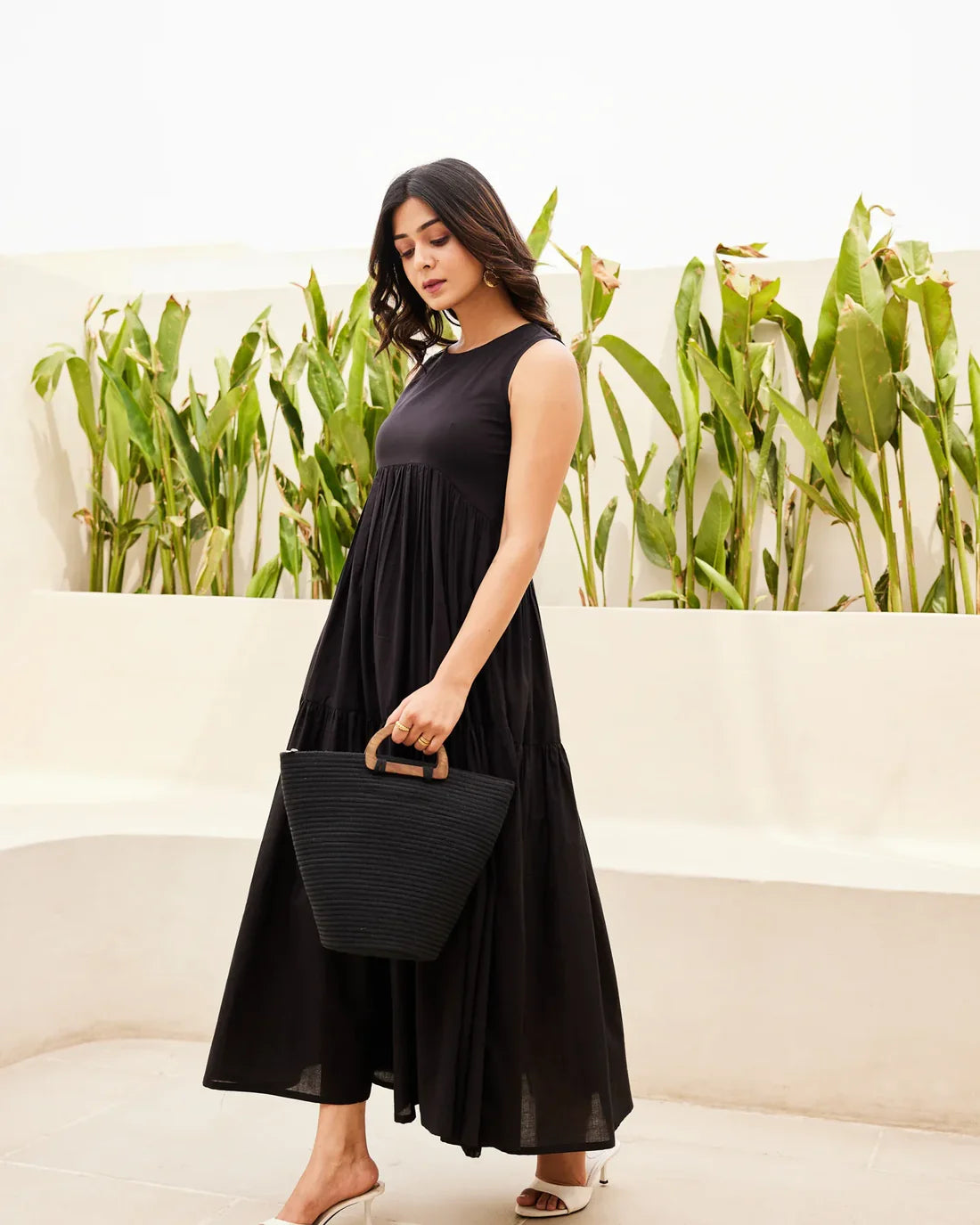"Nila" - Black Cotton Sleeveless Tiered Maxi Dress