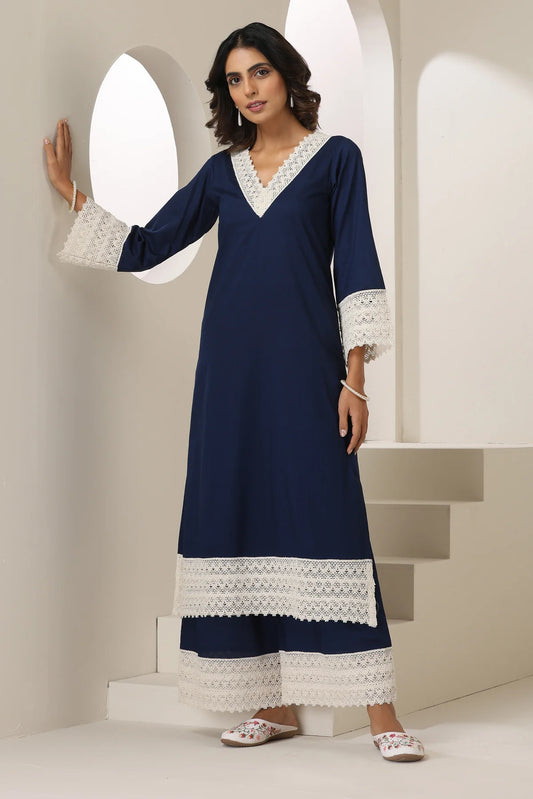 Aadhya Cotton Kurta Pant Set with Intricate Lace Borders