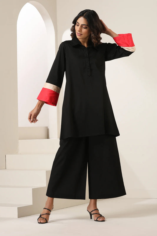 Black Cotton Co-ord Set with Contrast Red & Beige Cuff Detailing