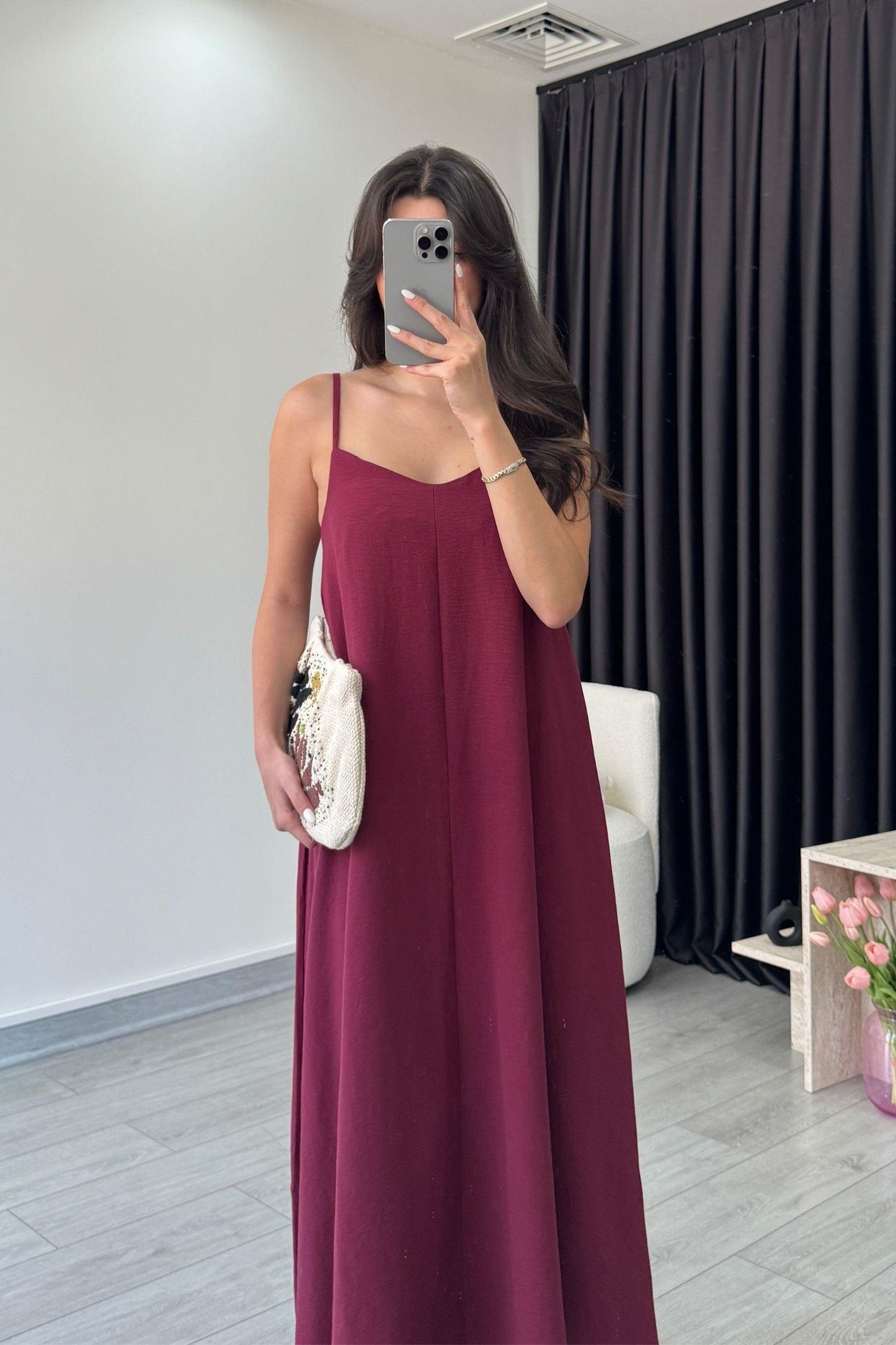 Effortless Flared Slip Dress – Solid Spaghetti Strap Midi
