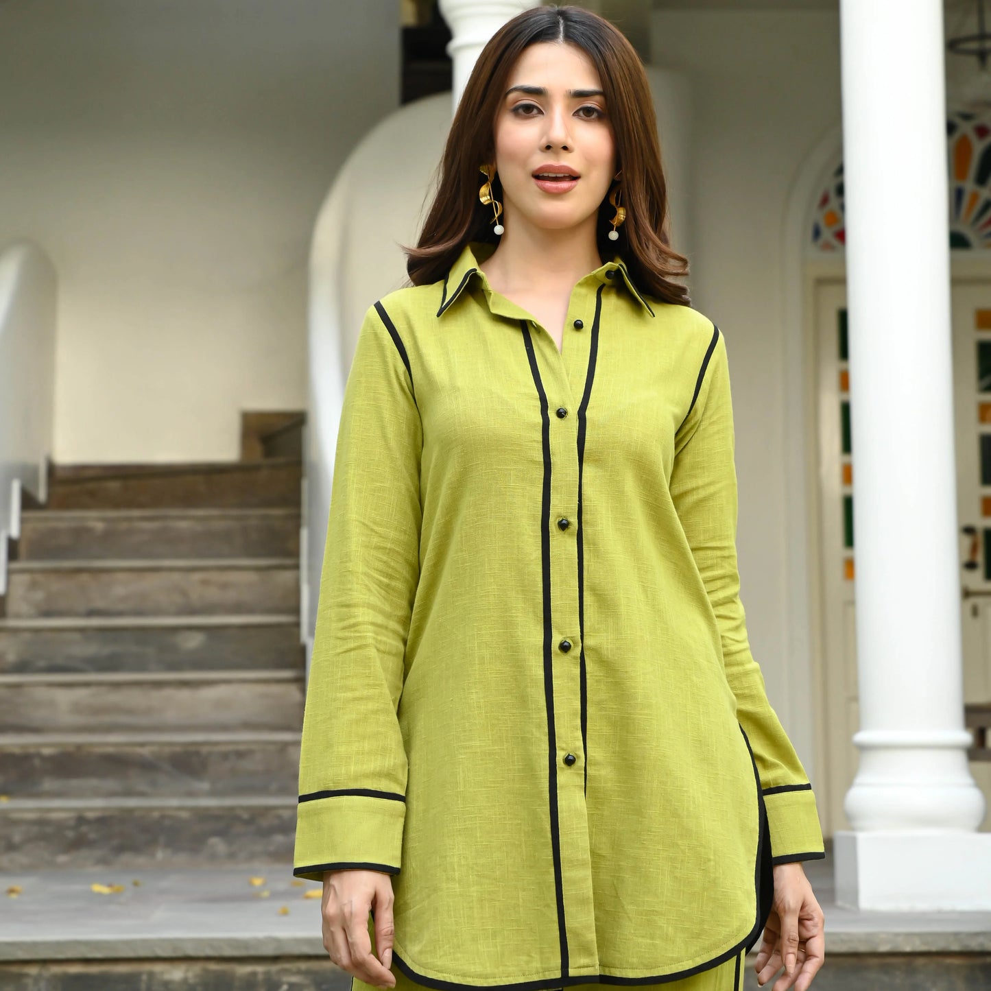 Zehra Lime Green Cotton Co-ord Set with Contrast Piping