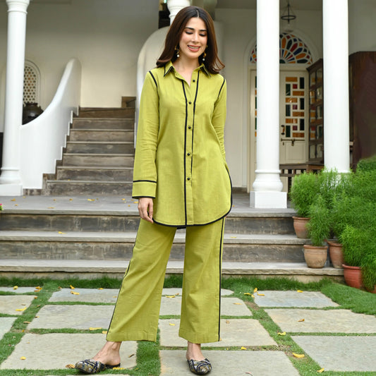 Zehra Lime Green Cotton Co-ord Set with Contrast Piping