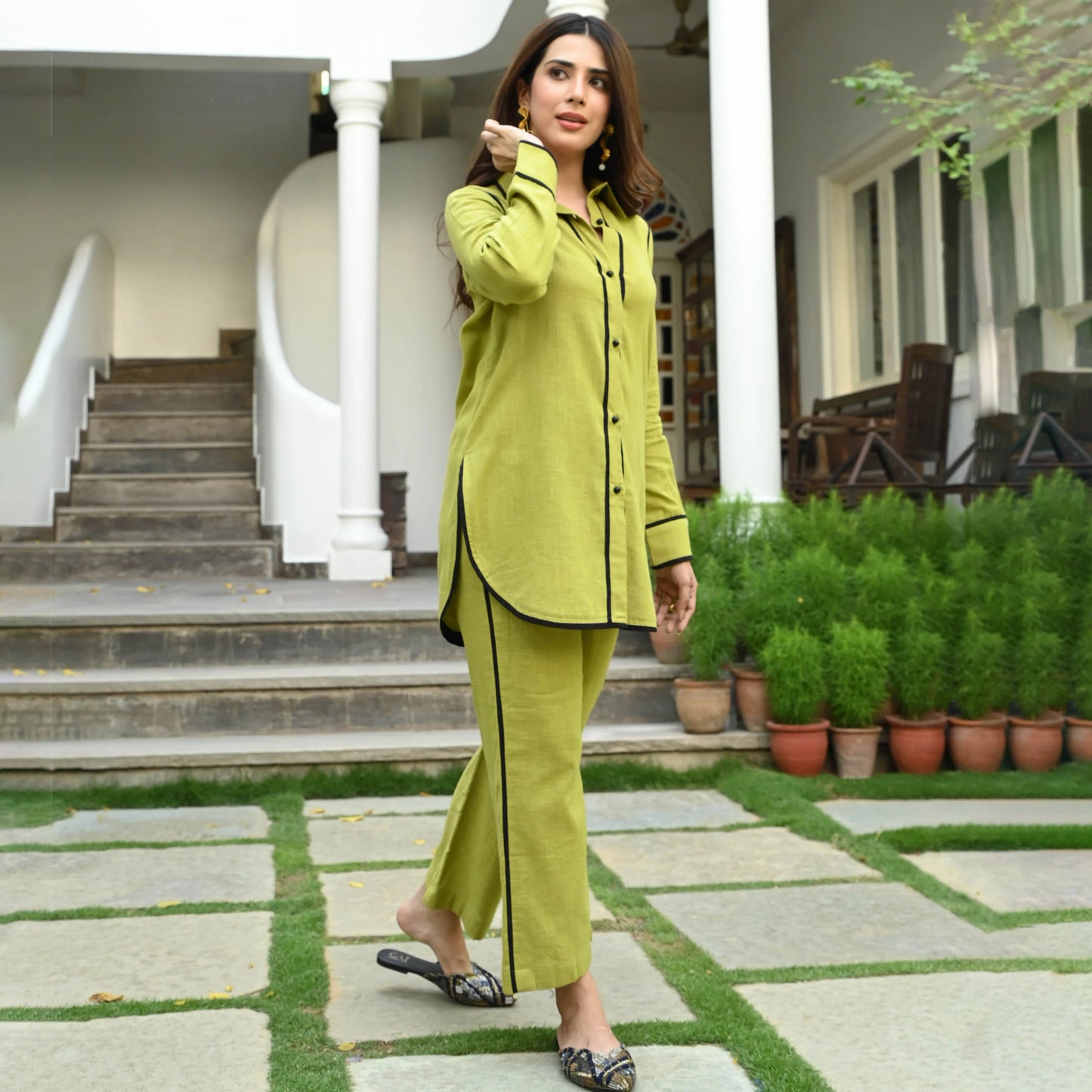 Zehra Lime Green Cotton Co-ord Set with Contrast Piping