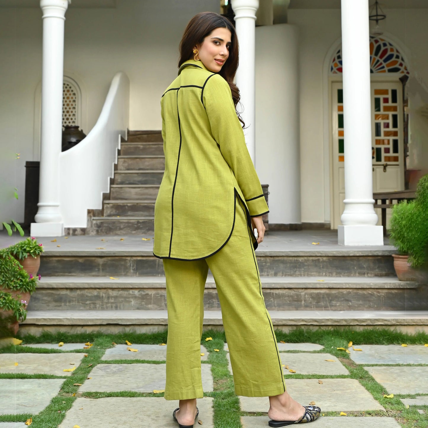 Zehra Lime Green Cotton Co-ord Set with Contrast Piping