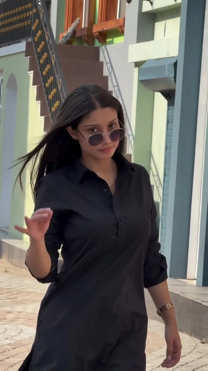 "Nox" - Black Shirt-Style Relaxed Cotton Kurta Set