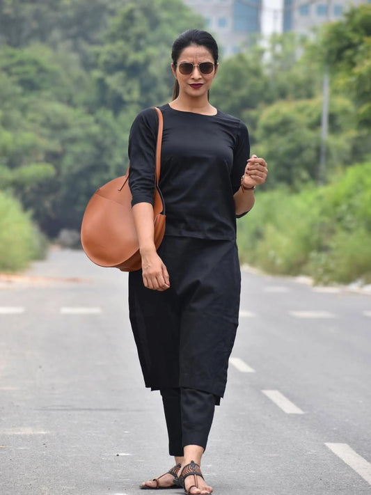"Yatra" - Black Soft Cotton Minimalist Kurta Set