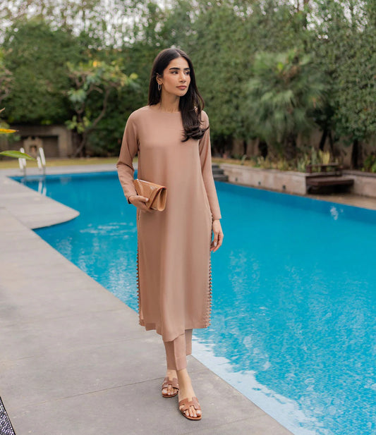 Butter Crepe Straight Kurta Set with Delicate Side Lace Accents